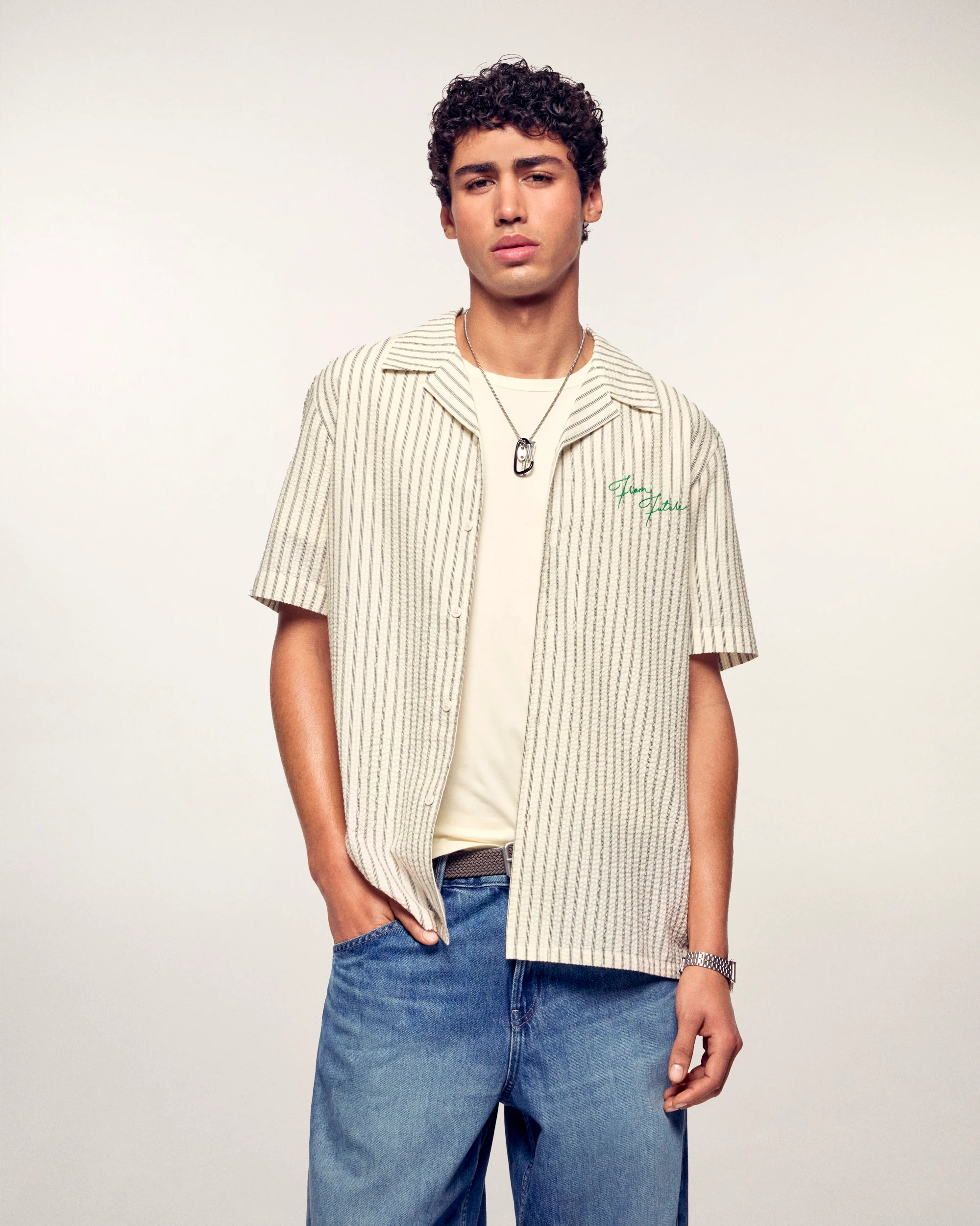 Embroidered Short Sleeve Shirt (S26/ HOMME/ Multi Rayures Ecru) - Image 2