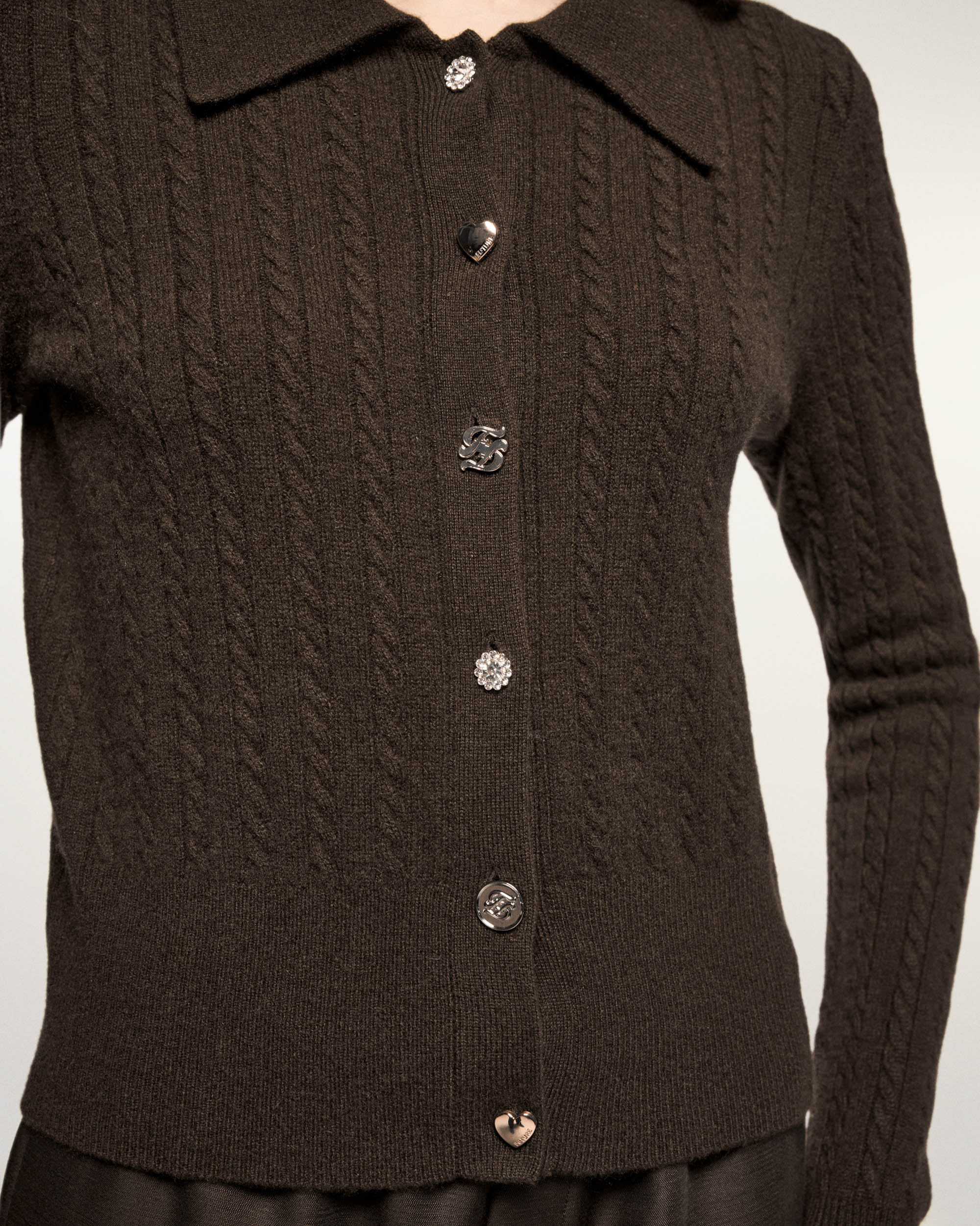 Fine Cable Knit Cardigan Novelty Buttons (S26/ FEMME/ Chocolat) - Image 2