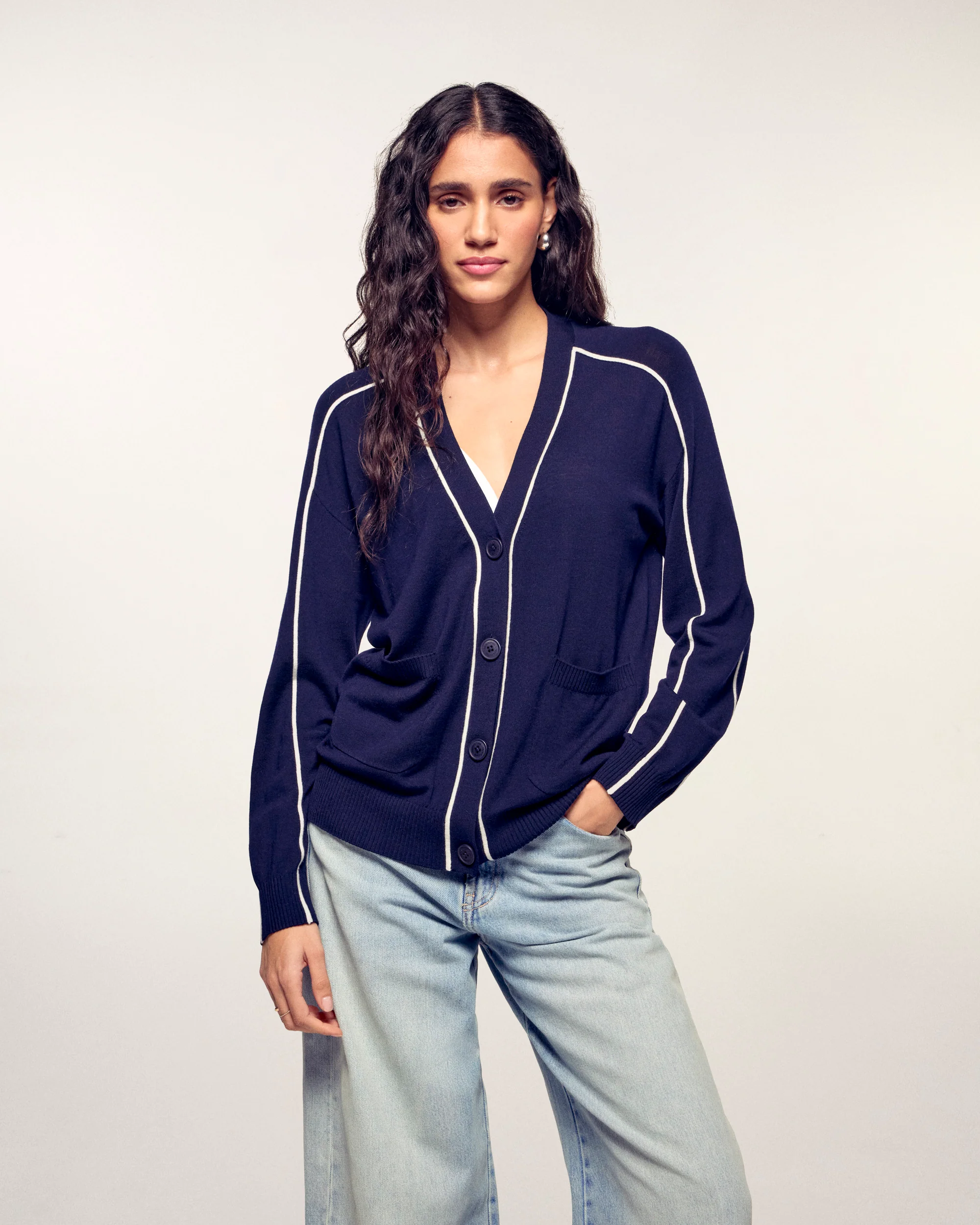Contrast Trim Merino Cardigan (S26 / FEMME / Navy / RWS)