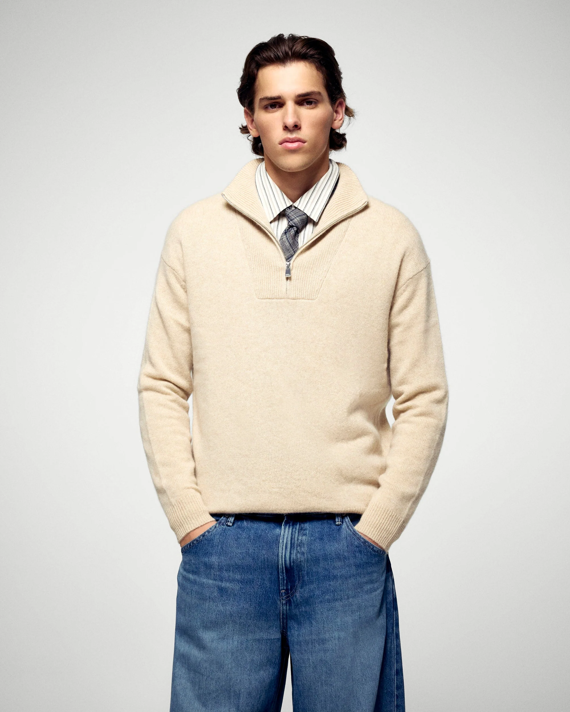 Quarter Zip Neck Sweater (H25 / HOMME / Heather Beige)