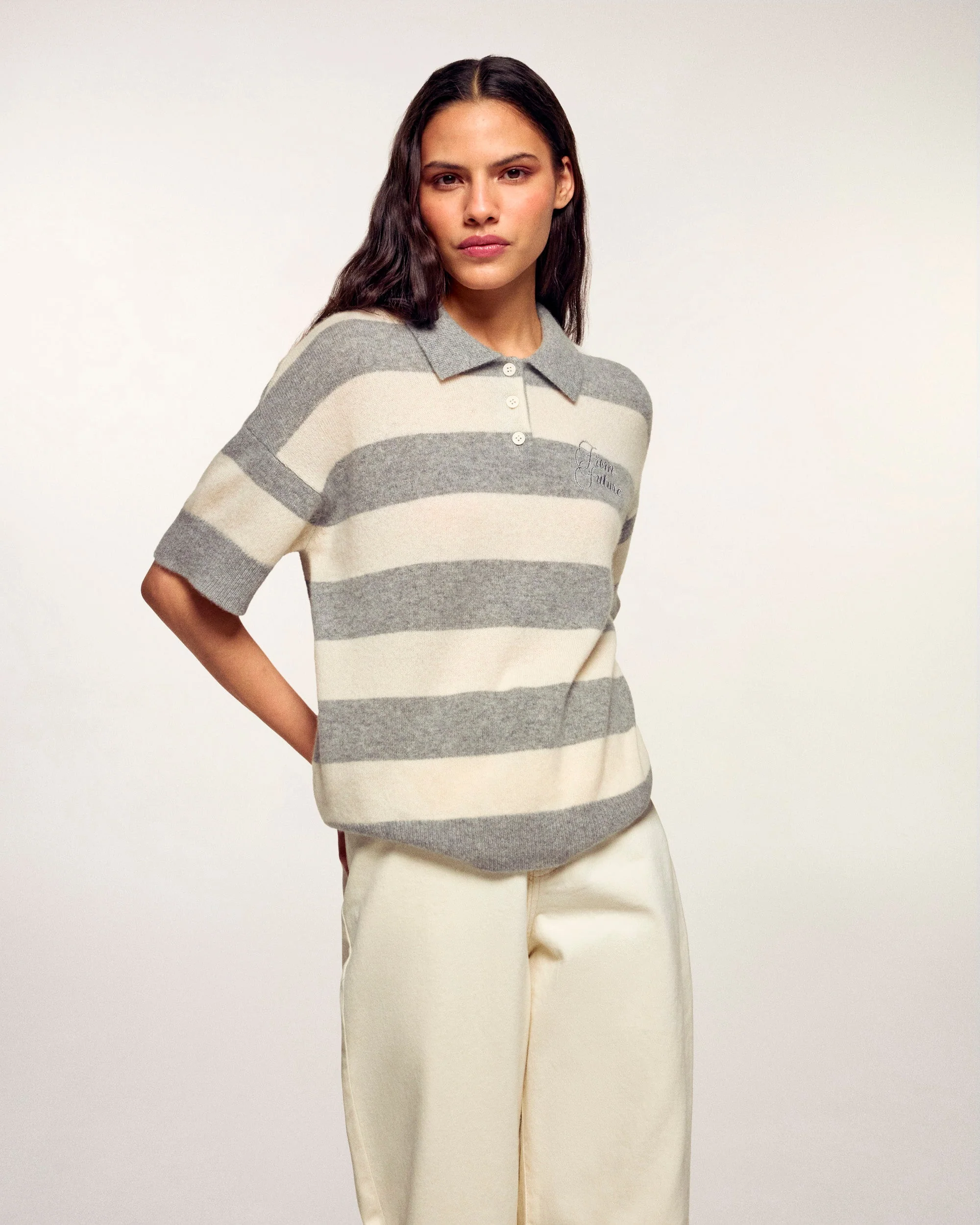 Striped Short-Sleeved Polo Sweater (S26 / FEMME / Gris Chiné Foncé)