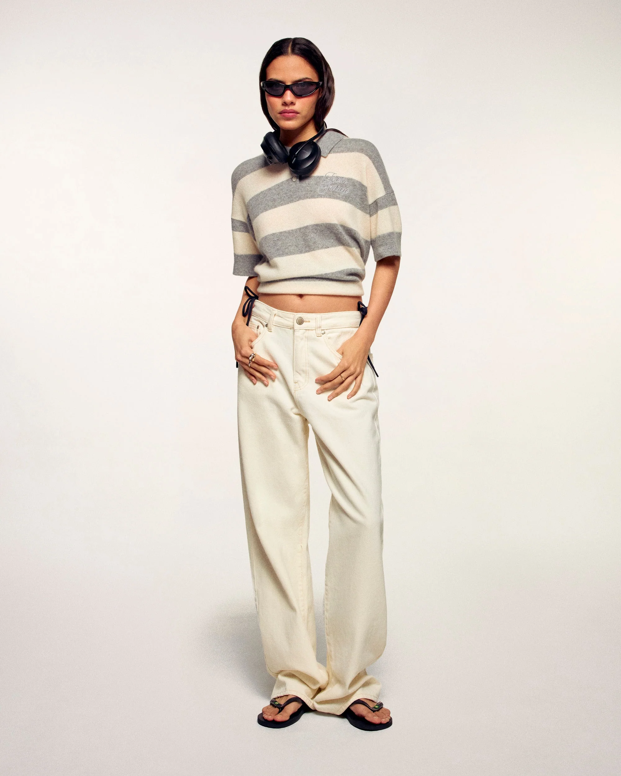 Striped Short-Sleeved Polo Sweater (S26 / FEMME / Gris Chiné Foncé) - Image 3