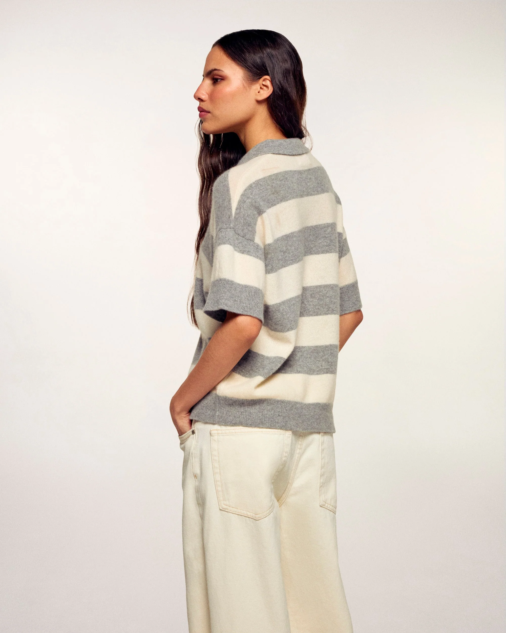 Striped Short-Sleeved Polo Sweater (S26 / FEMME / Gris Chiné Foncé) - Image 4