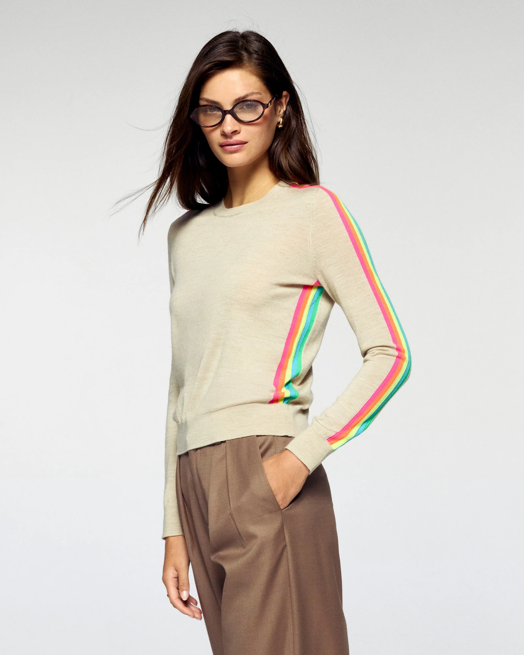 Crewneck Sweater Multicolor Sleeve Bands (H25 / FEMME / Heather Beige / RWS) - Image 3