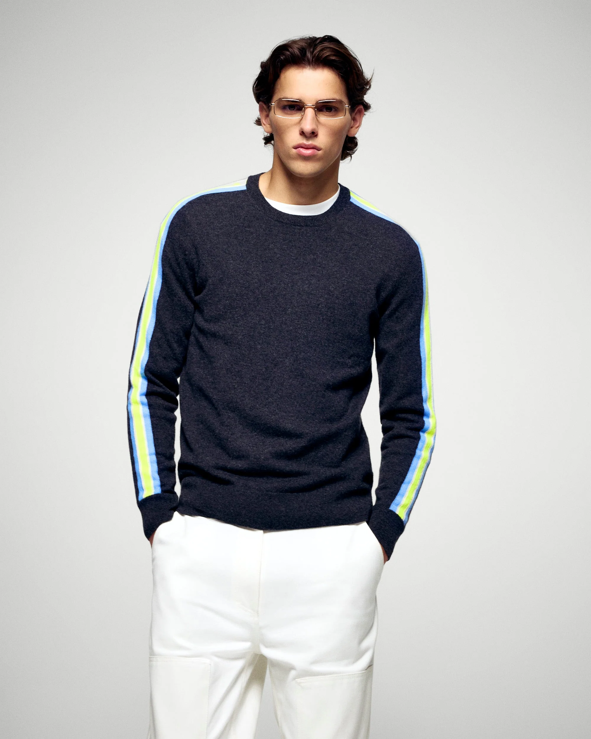 Striped Crew Neck Sweater (H25 / HOMME / Charcoal Gray)