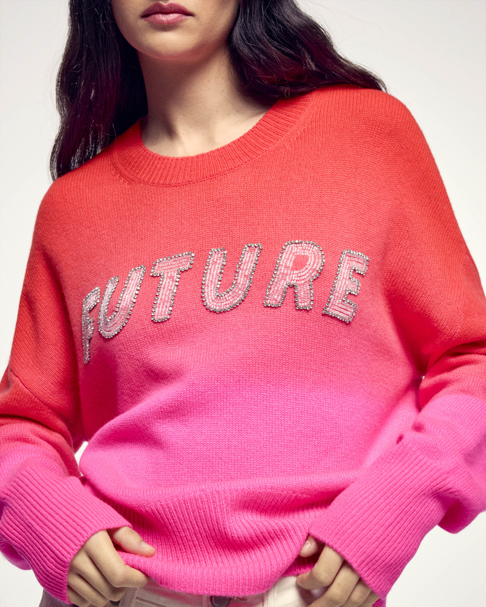 "FUTURE" Pearl Embroidered Crewneck Sweater (S26/ FEMME/ Fire Orange) - Image 2