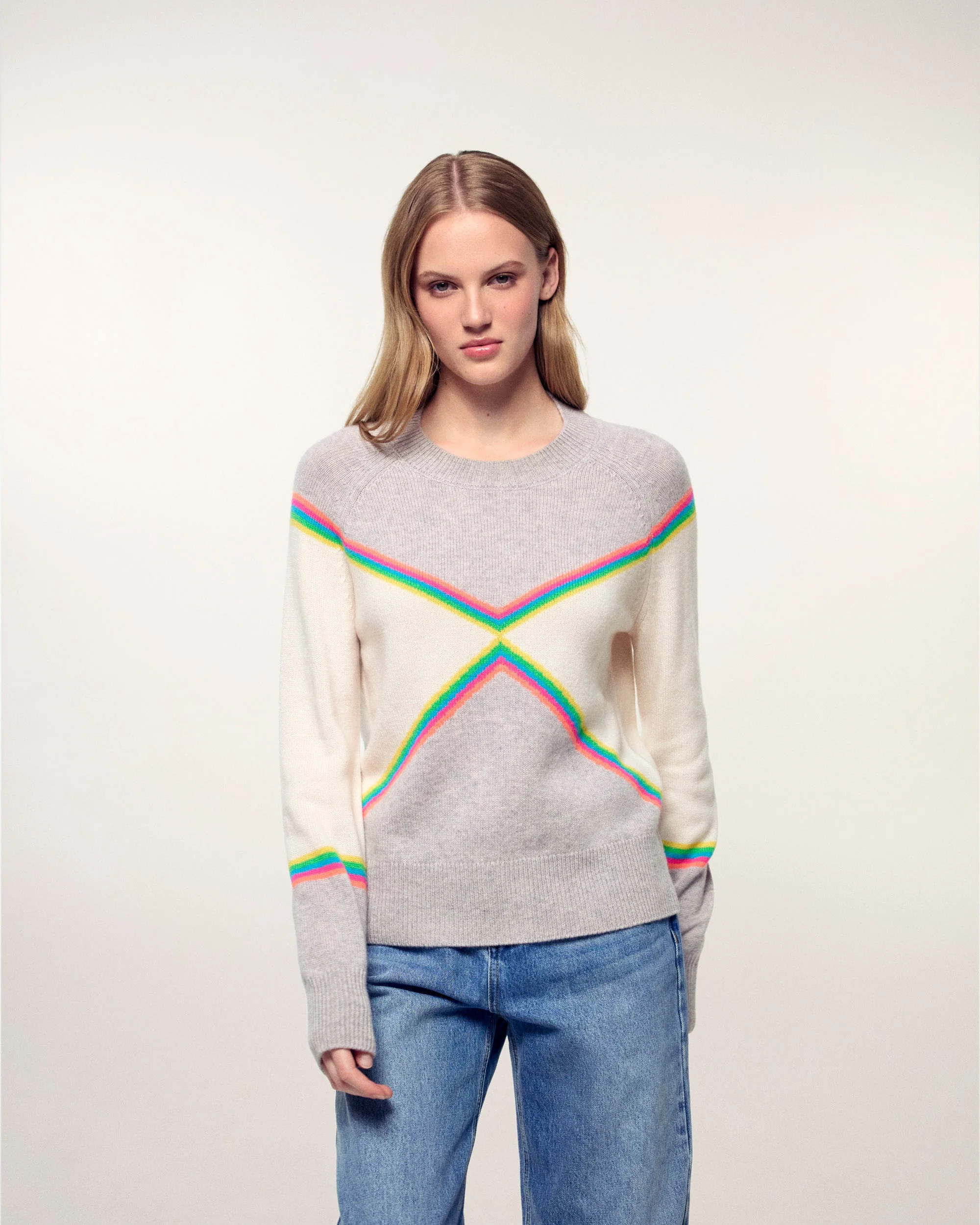 Multicolored Striped Crewneck Sweater (S26/ FEMME/ Gris Chiné Clair)