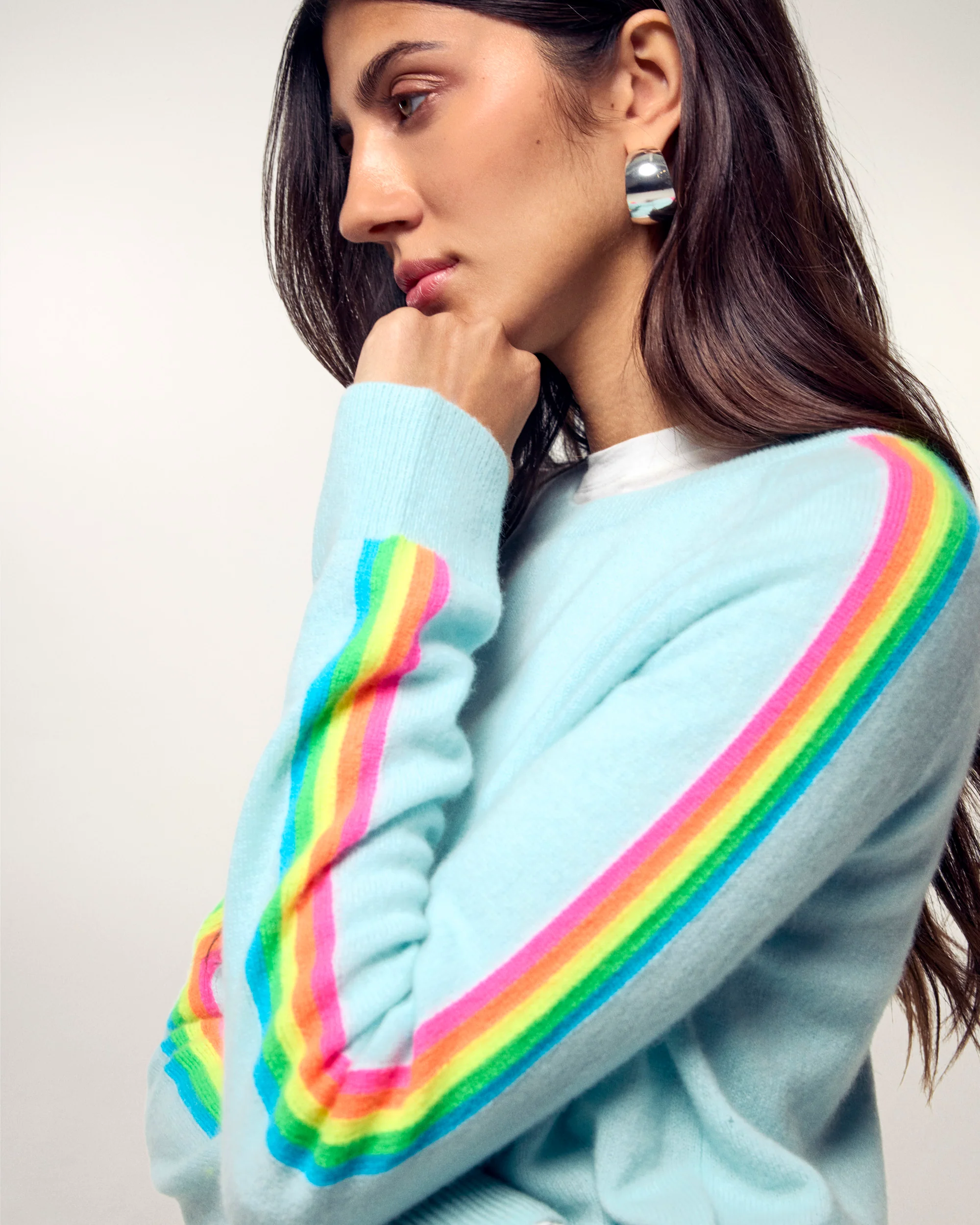 Multicolored Stripe Sleeve Crewneck Sweater (S26 / FEMME / Star Blue)