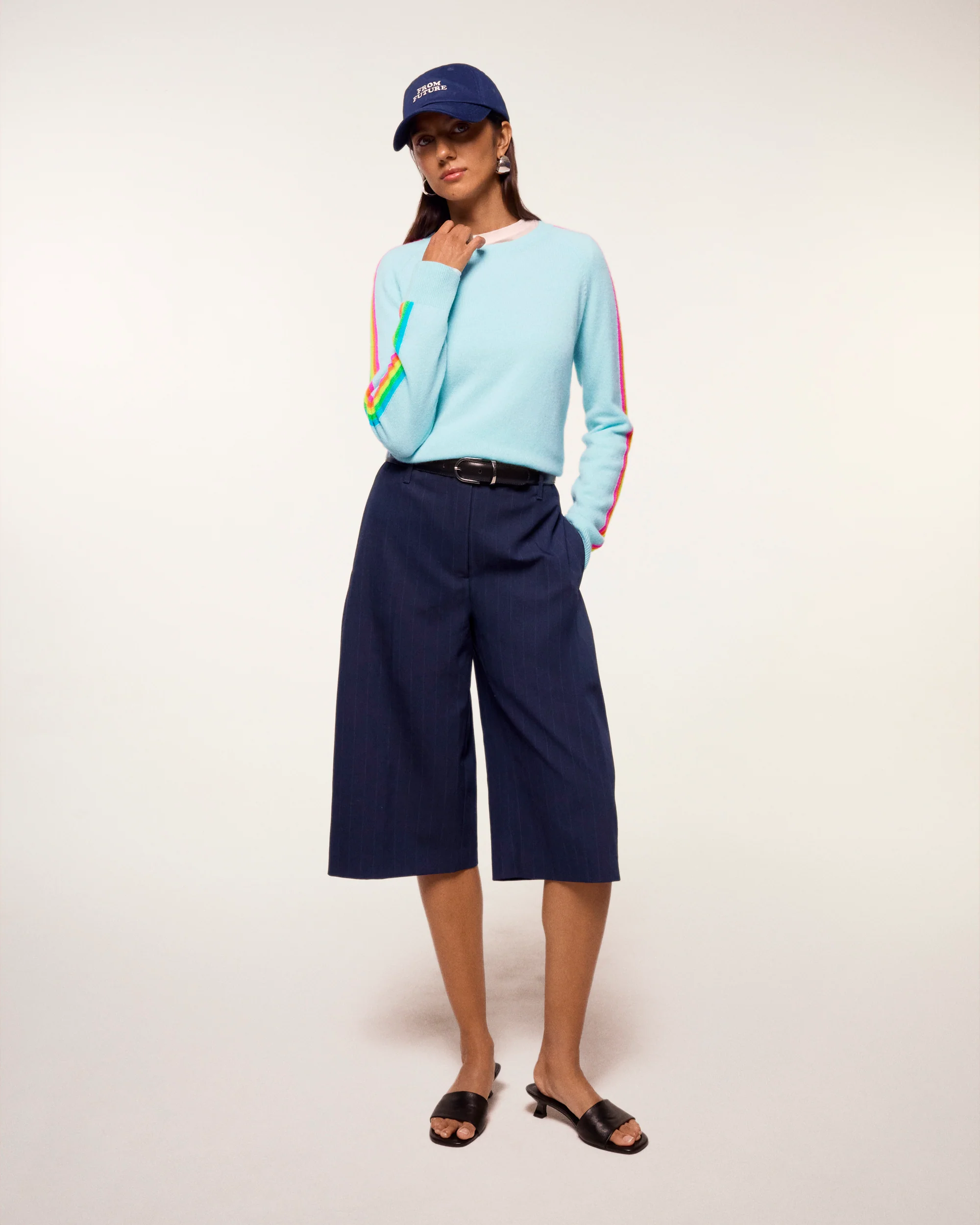 Multicolored Stripe Sleeve Crewneck Sweater (S26 / FEMME / Star Blue) - Image 2