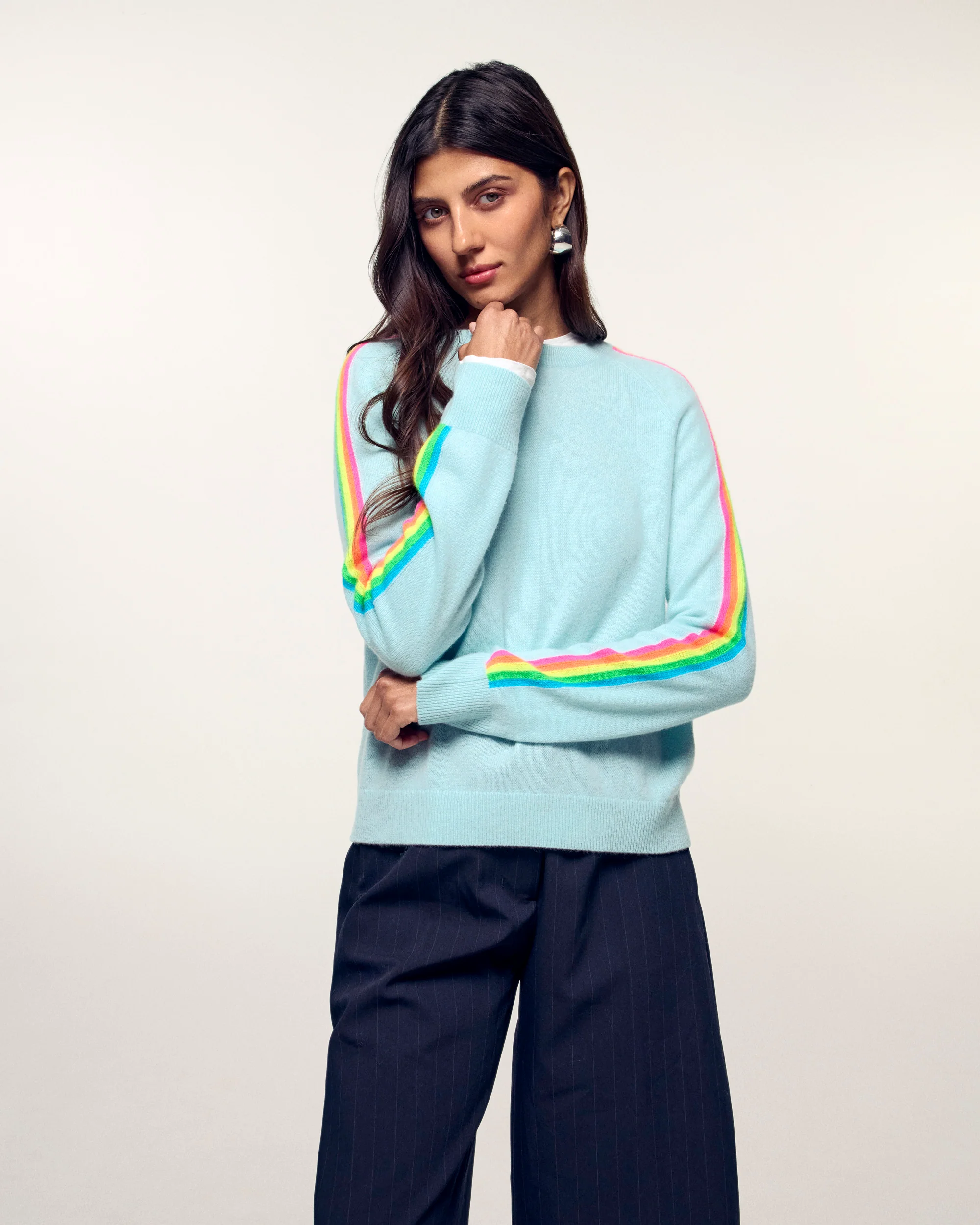 Multicolored Stripe Sleeve Crewneck Sweater (S26 / FEMME / Star Blue) - Image 3