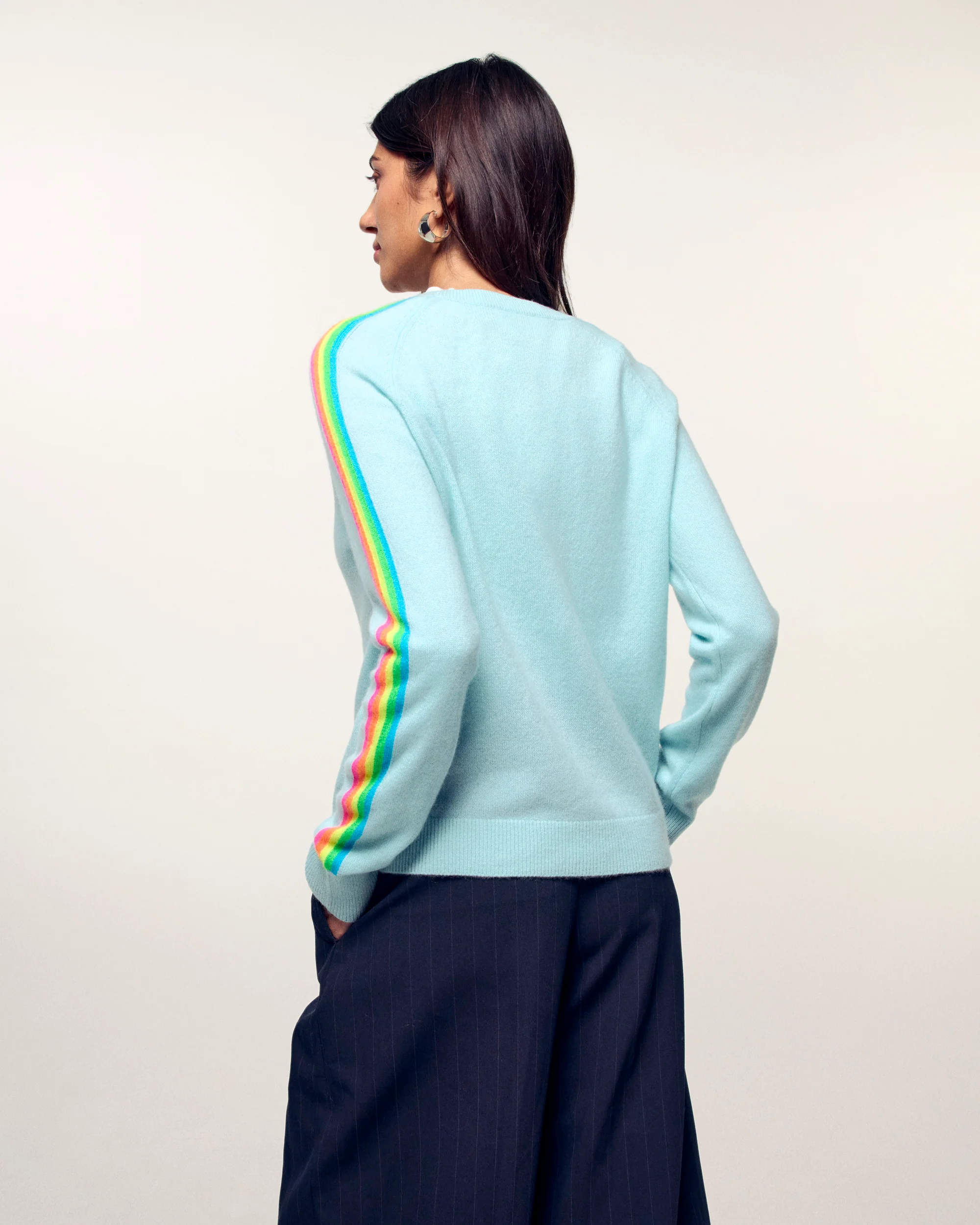 Multicolored Stripe Sleeve Crewneck Sweater (S26 / FEMME / Star Blue) - Image 4