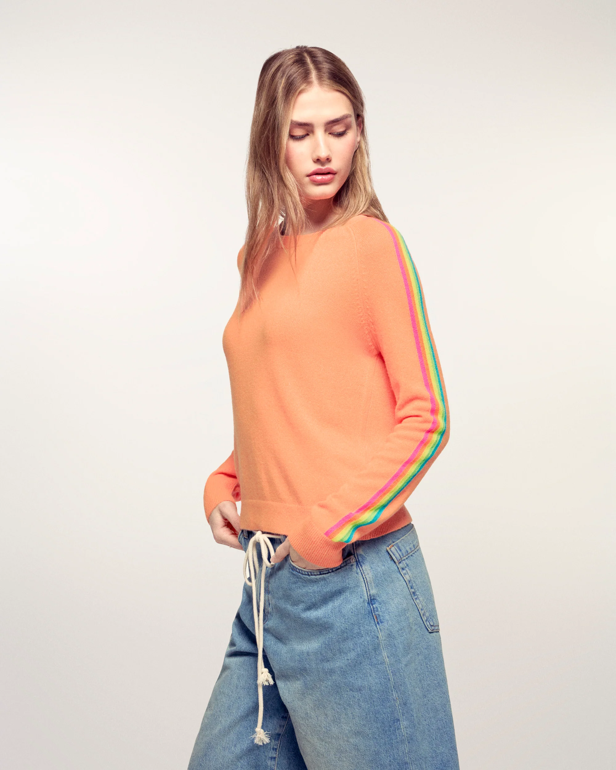 Multicolored Stripe Sleeve Crewneck Sweater (S26 / FEMME / Star Orange) - Image 3