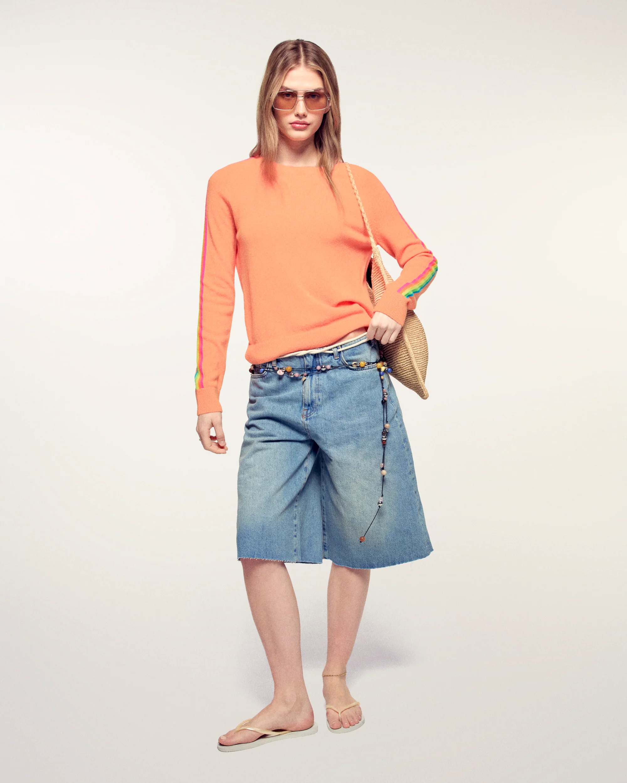 Multicolored Stripe Sleeve Crewneck Sweater (S26 / FEMME / Star Orange) - Image 4
