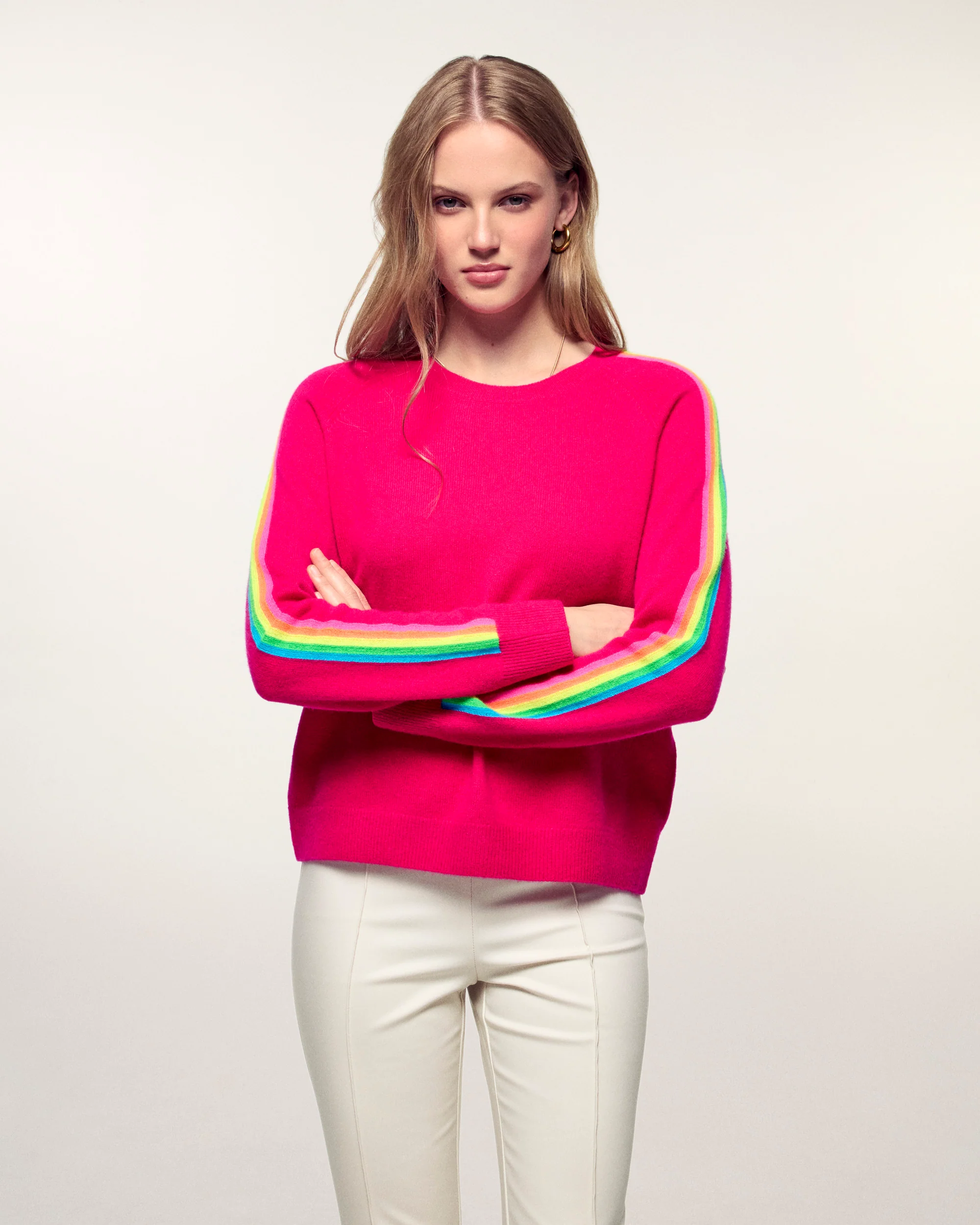 Multicolored Stripe Sleeve Crewneck Sweater (S26 / FEMME / Tropical Raspberry) - Image 3