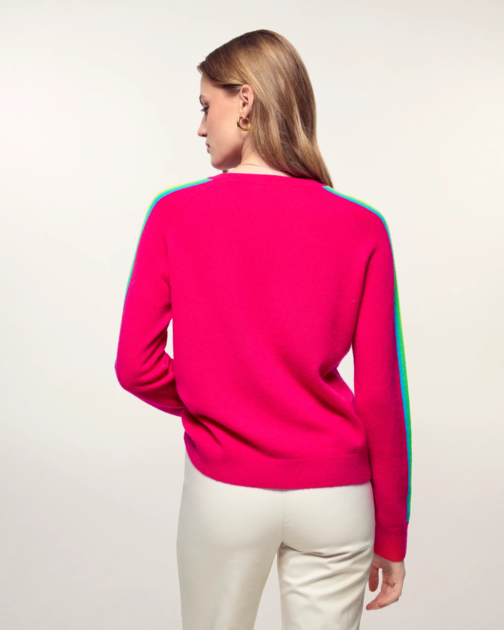 Multicolored Stripe Sleeve Crewneck Sweater (S26 / FEMME / Tropical Raspberry) - Image 4