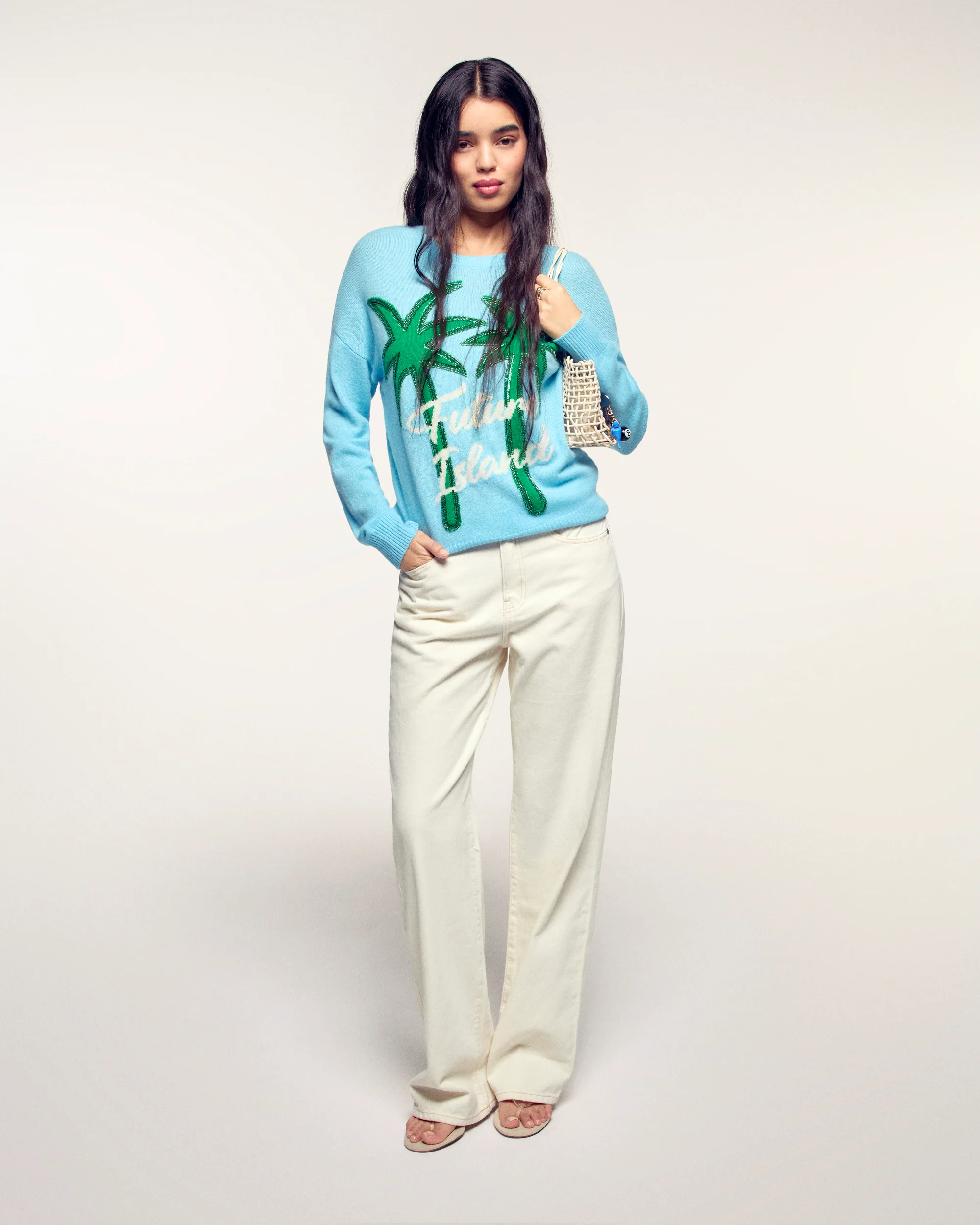 Palm Tree Motif Crewneck Sweater (S26/ FEMME/ Vacation Blue) - Image 4