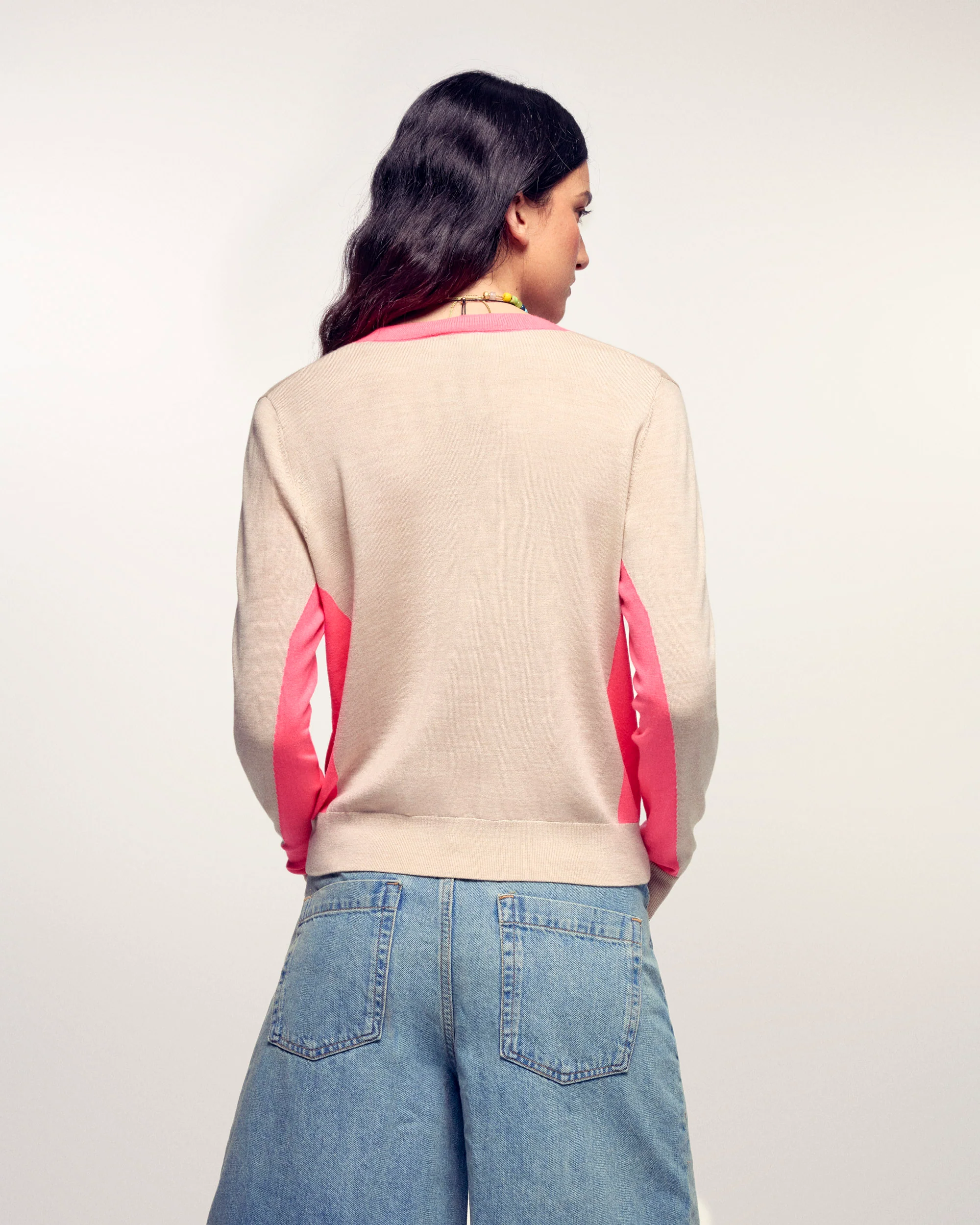 Contrasting Striped V-neck Sweater (S26 / FEMME / Beige Chiné / RWS) - Image 4