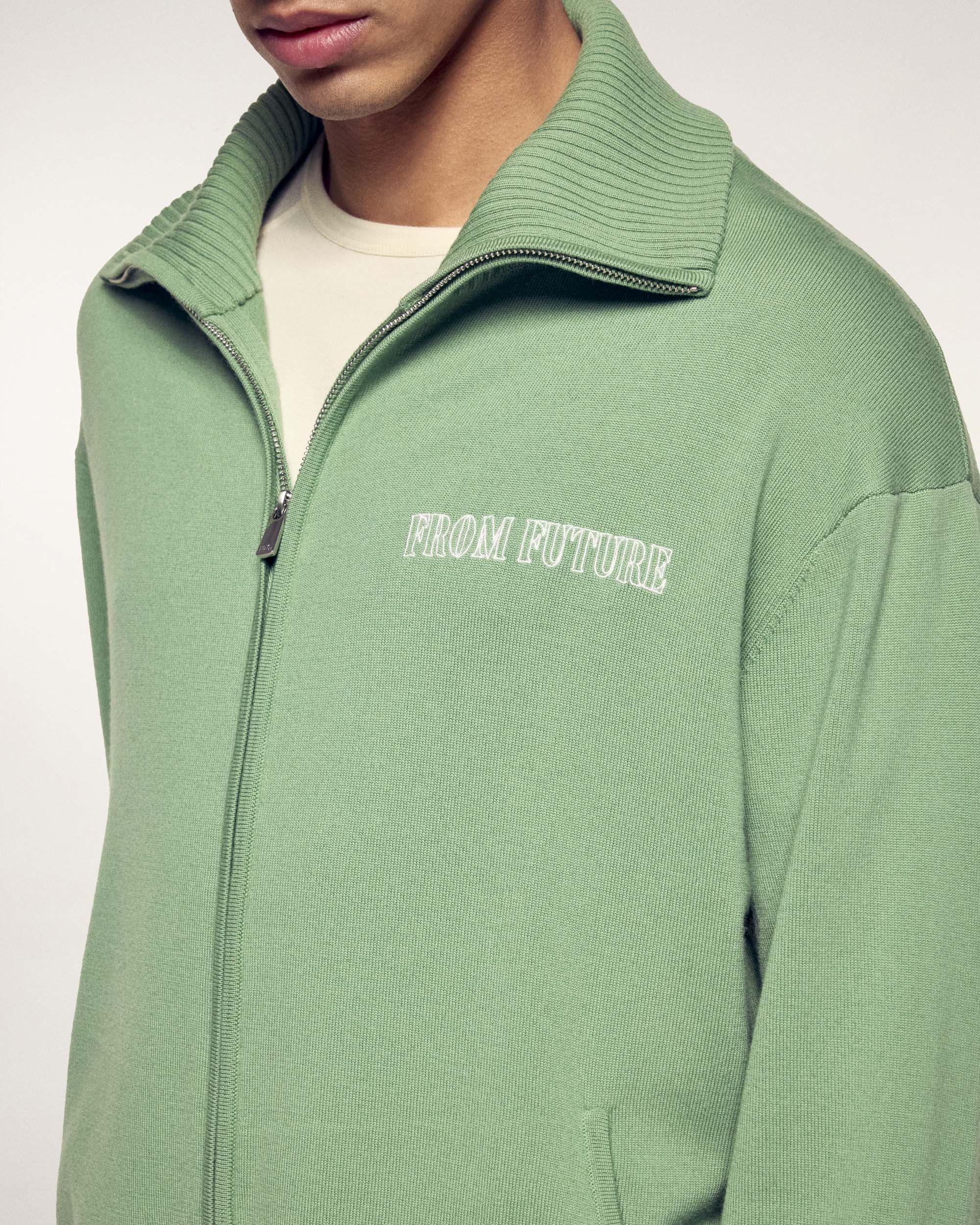 Embroidered Zipped Cardigan “From Future” (S26 / HOMME/ Forever Green / RWS) - Image 2