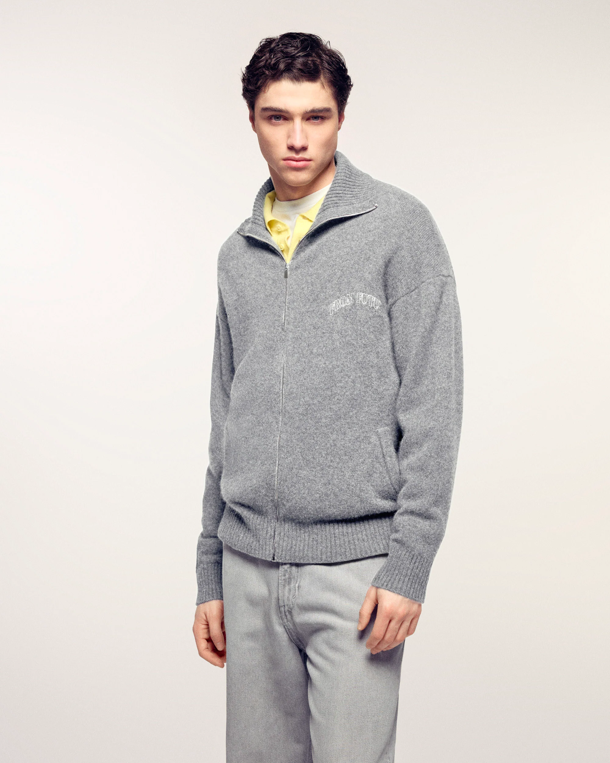 Mock Neck Cardigan "From Future" (S26/ HOMME/ Gris Chiné Foncé)