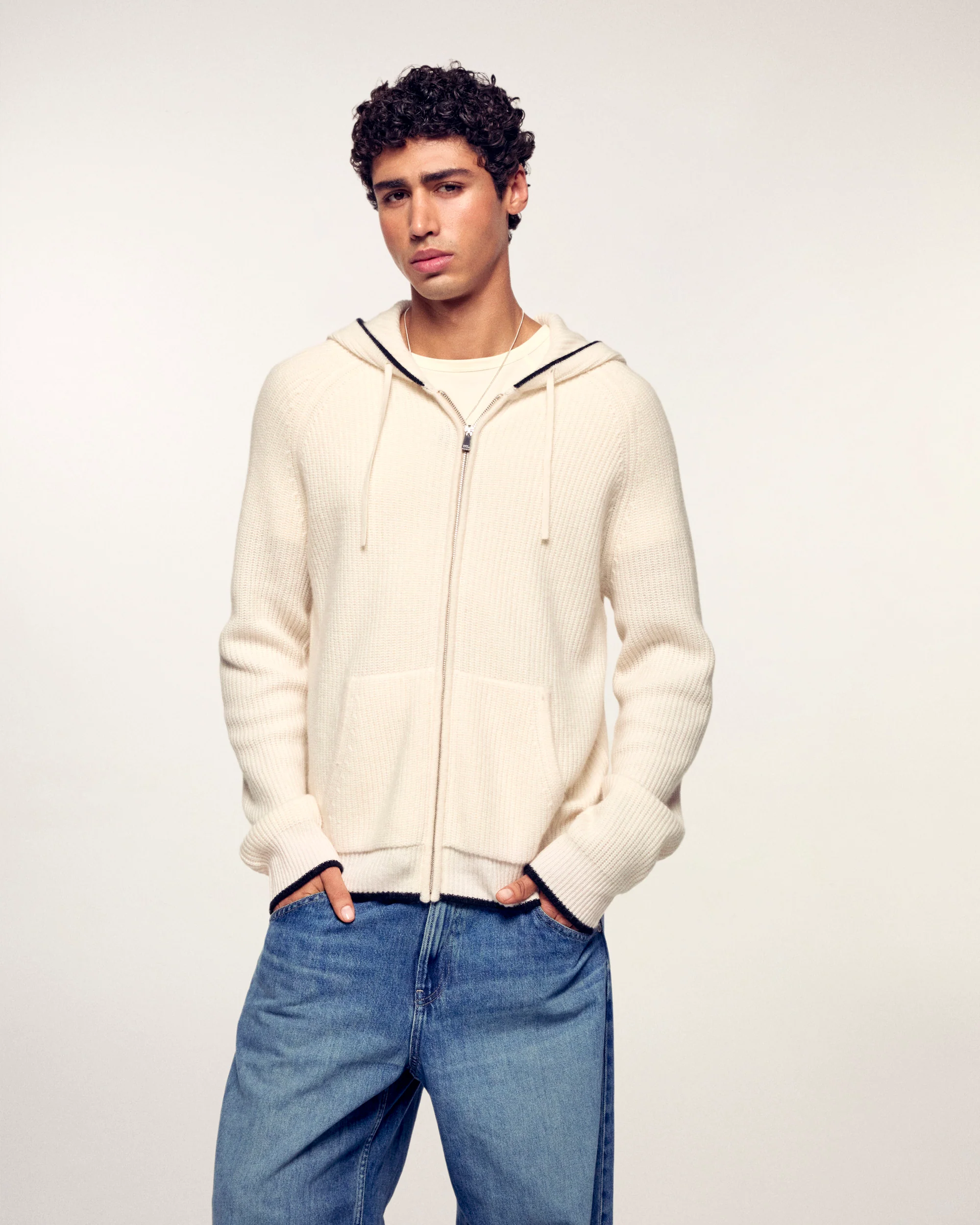 Contrasting Ribbed Hoodie "FF" Embroidery (S26/ HOMME/ Sable)