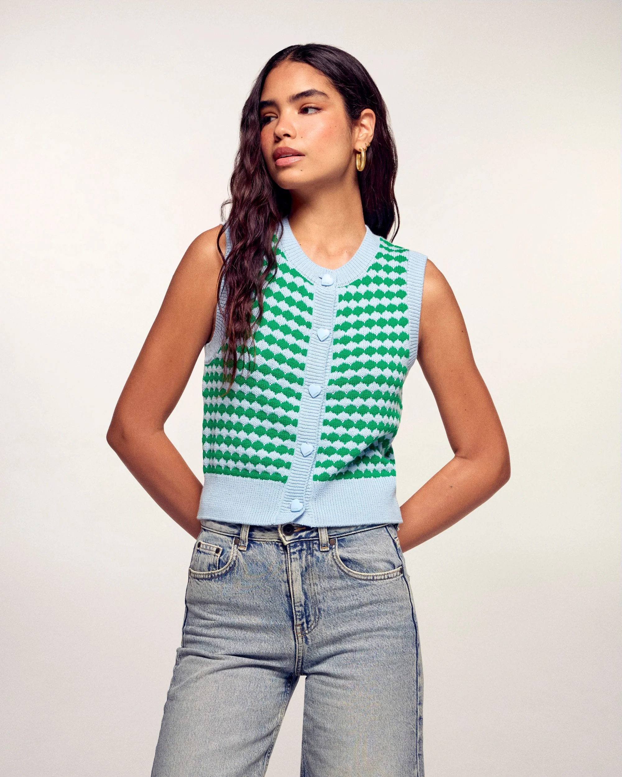 Two-Tone Sleeveless Cardigan Sweater (S26 / FEMME / Baby Blue)