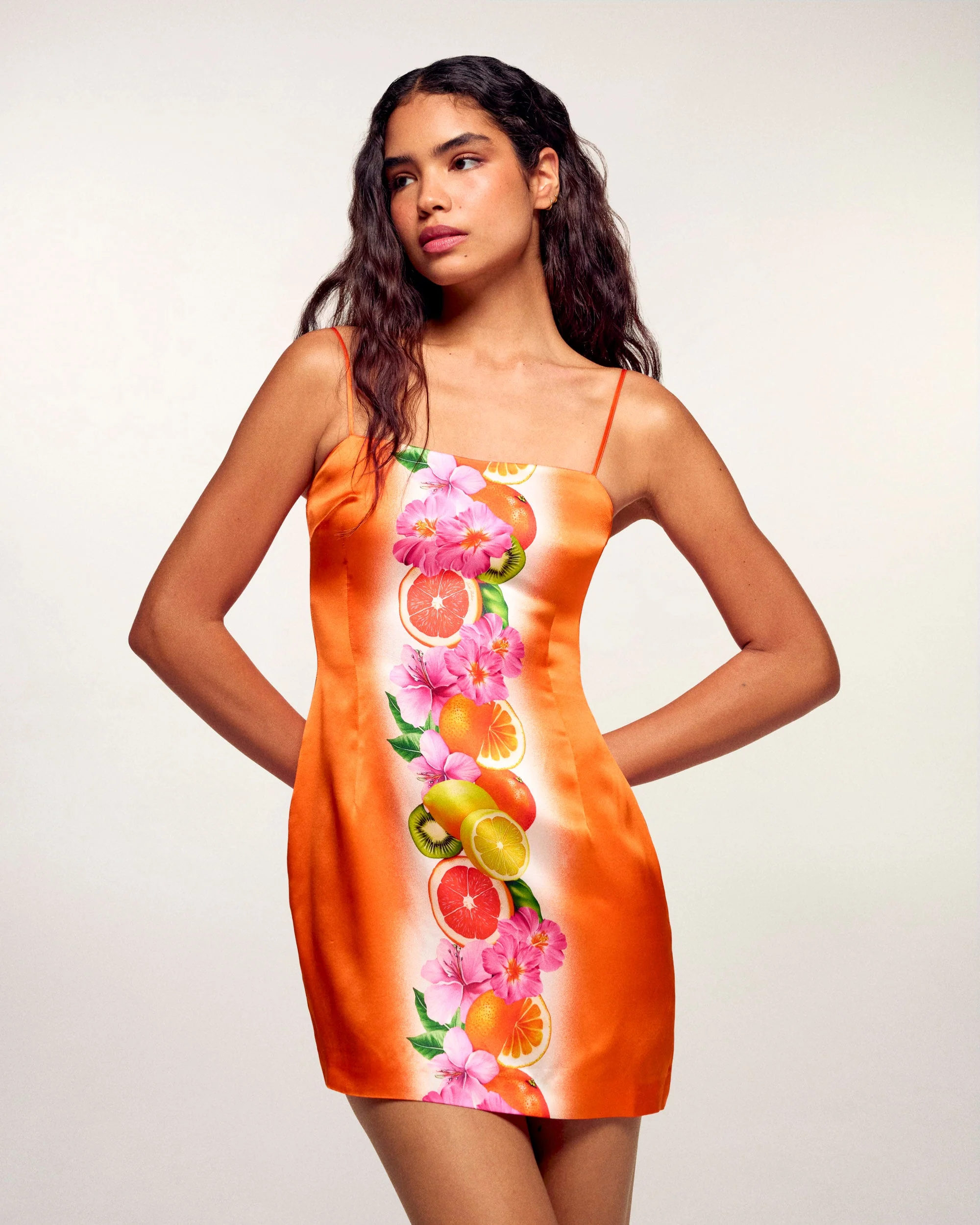 Border Print Short Strappy Dress (S26 / FEMME / Fruity Tropico)