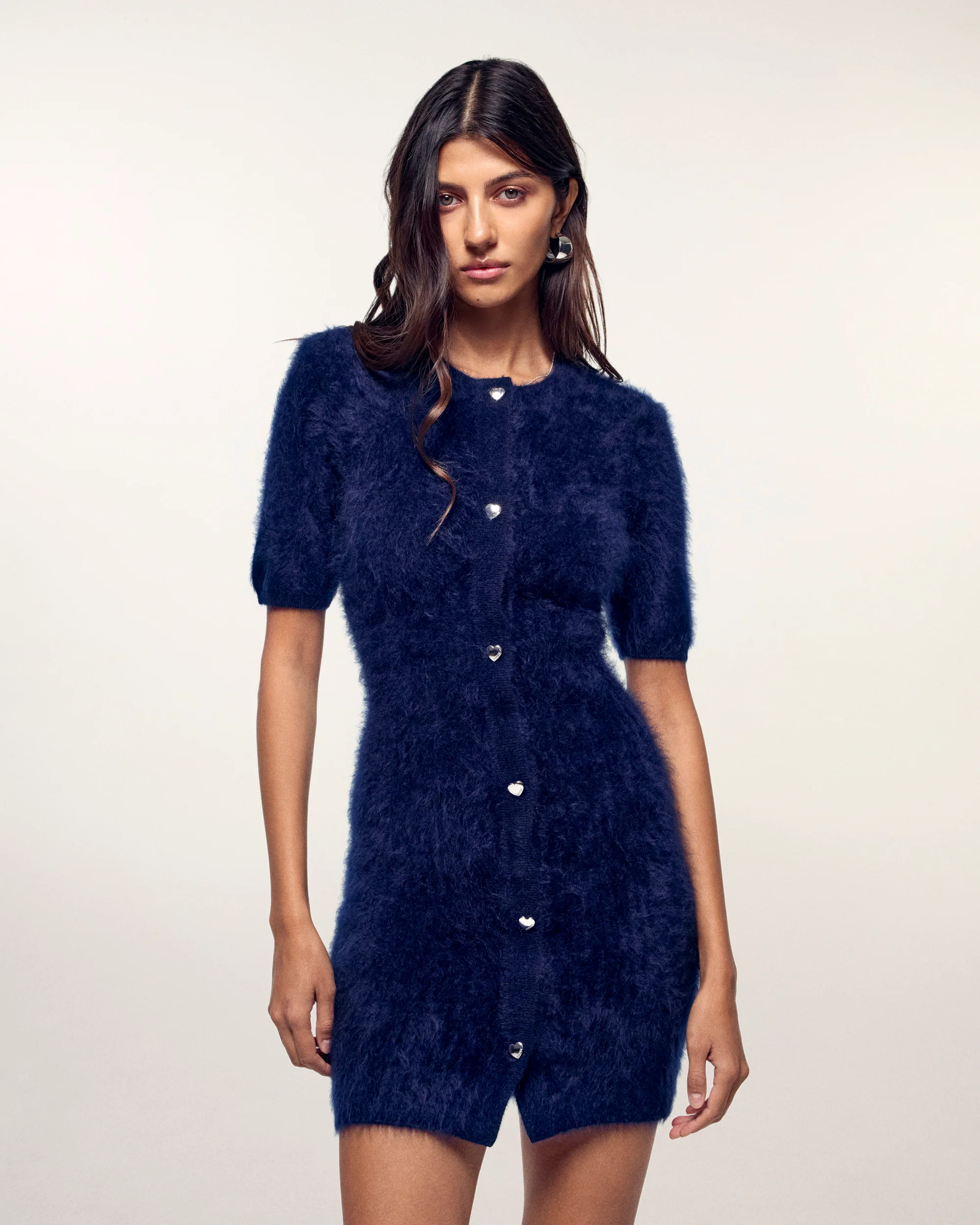 Brushed Cashmere Dress with Silver Heart Buttons (S26 / FEMME / Navy)