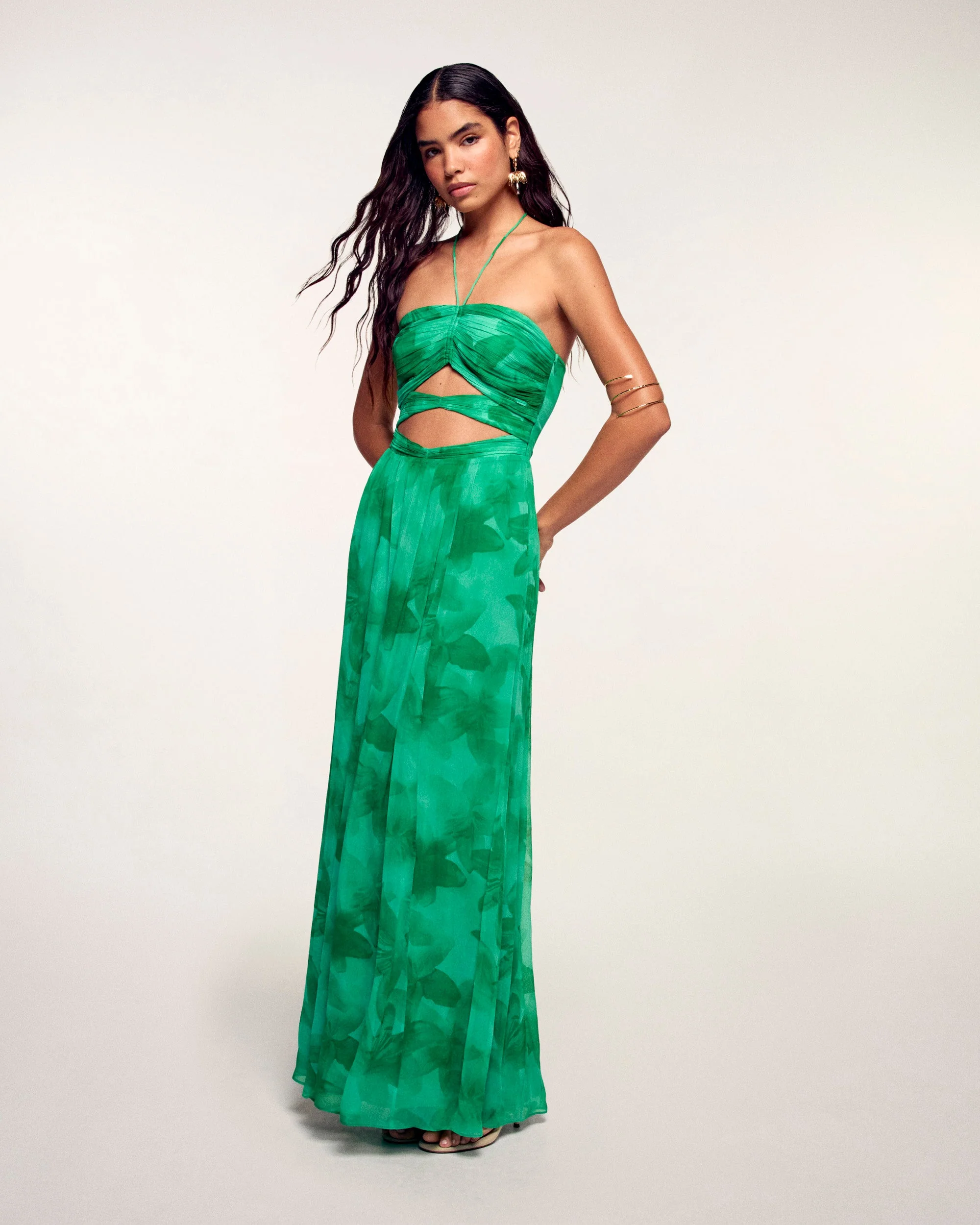 Gathered Cut-Out Long Dress (S26 / FEMME / Green Bloom Lily) - Image 4