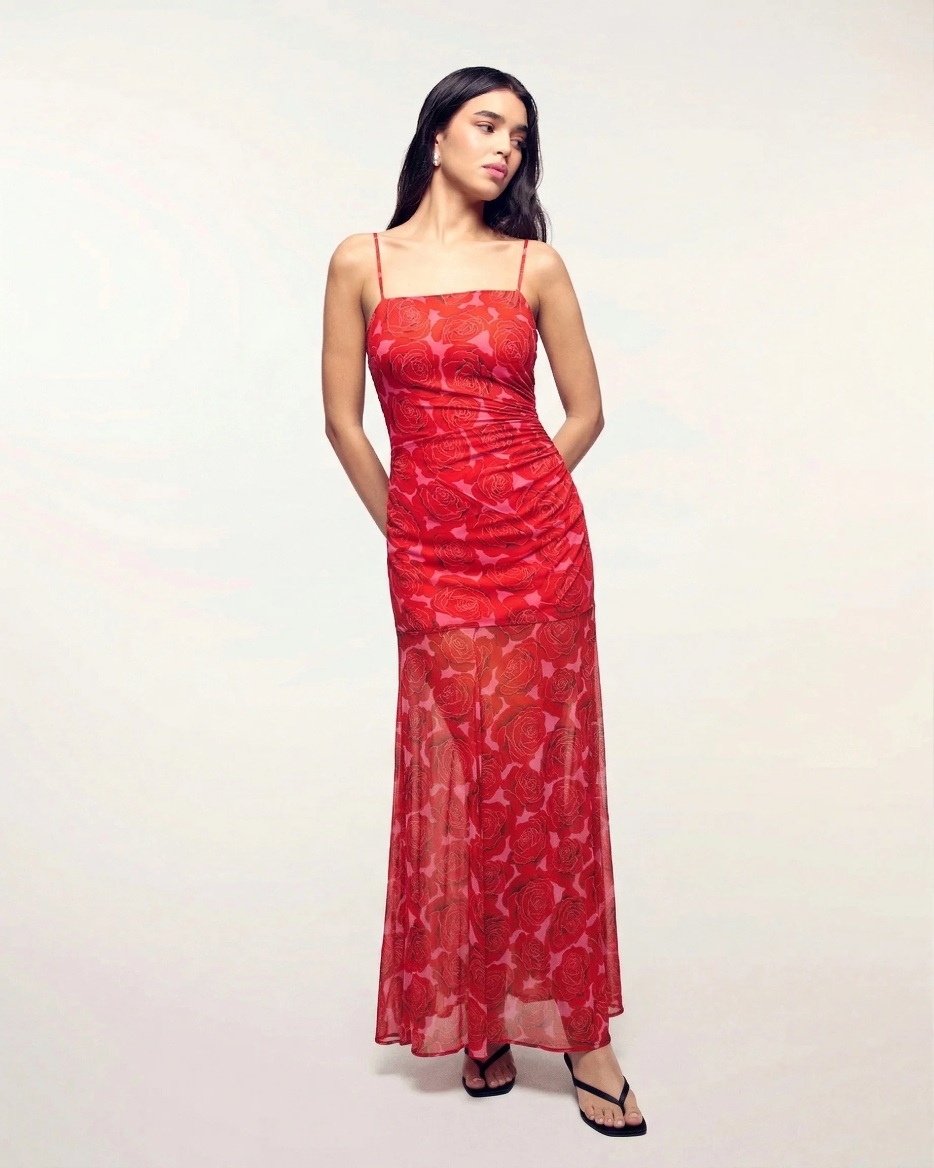 Dual-Material Strappy Long Dress (S26 / FEMME / Solar Roses)