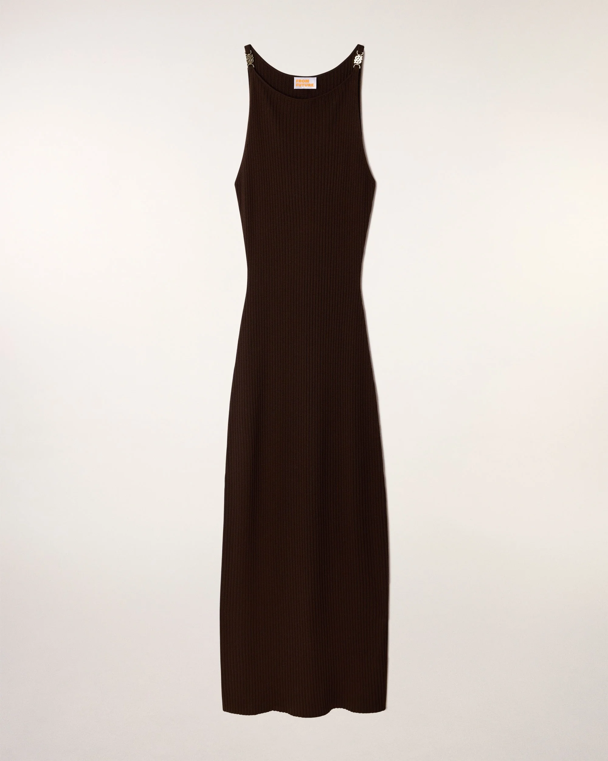 Long Ribbed Dress with Jewel Shoulders (S26 / FEMME / Chocolat / RWS) - Image 8