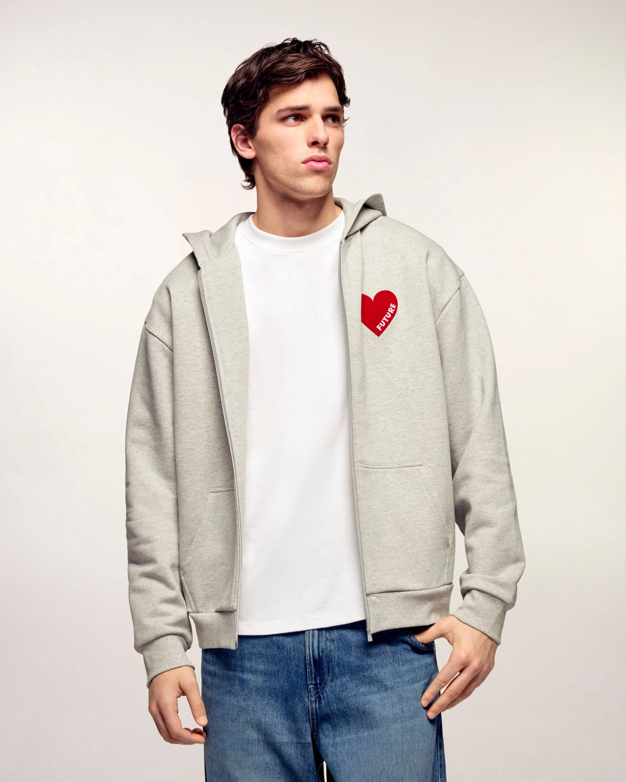 Zipped Heart "Future" Hoodie Sweatshirt (S26 / HOMME / Gris Chine Clair) - Image 5