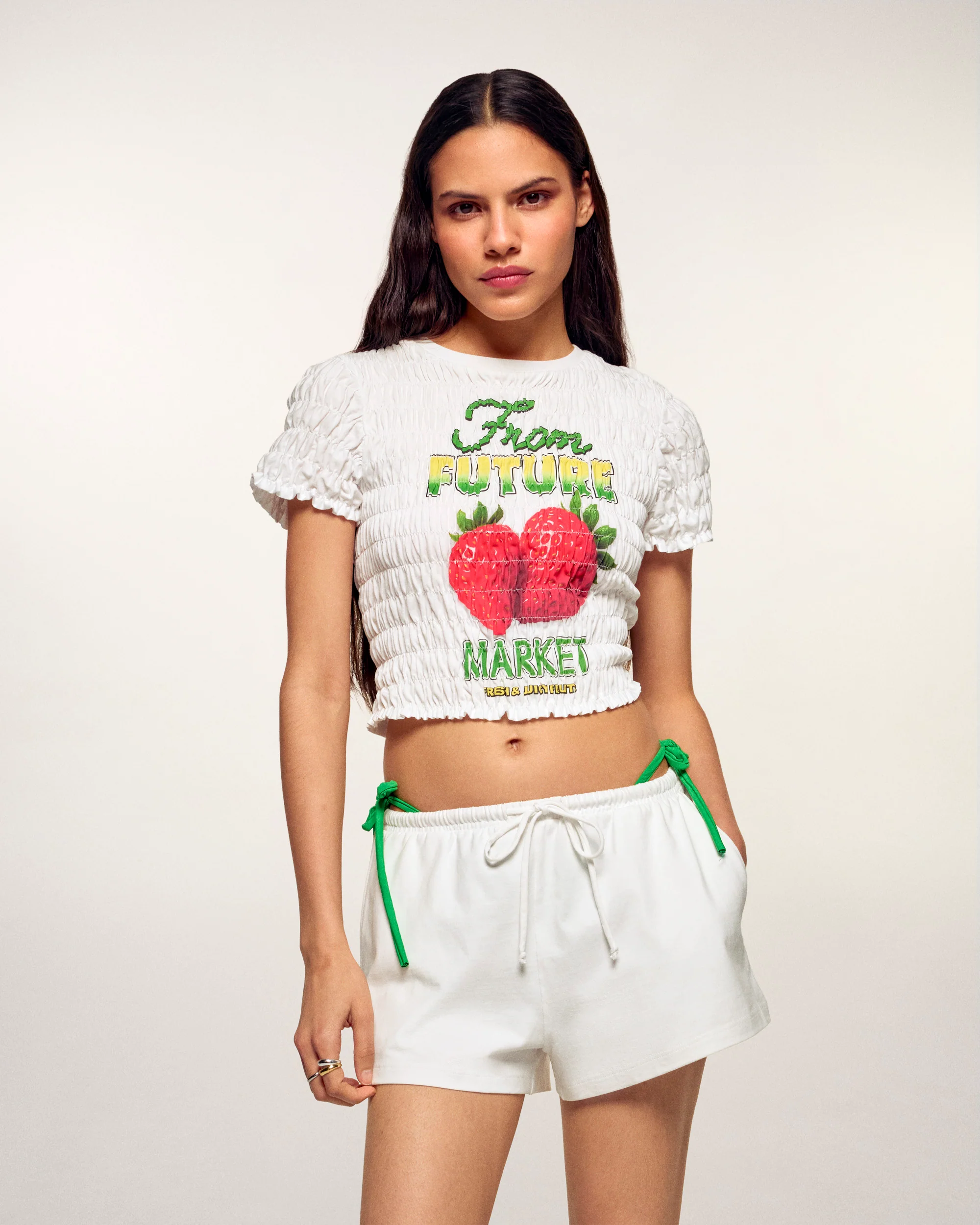 Printed Smocked Crop T-shirt (S26 / FEMME / Blanc)