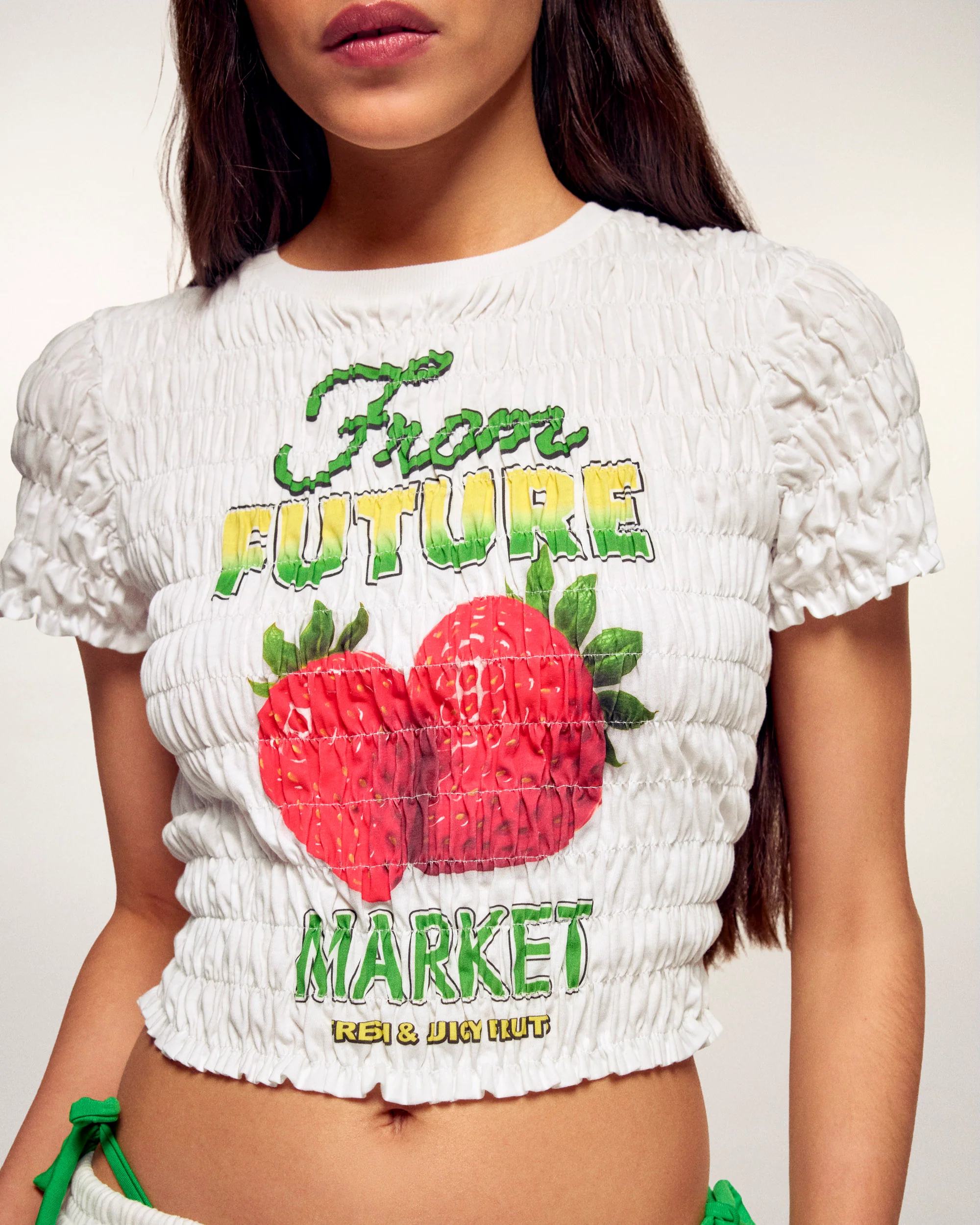 Printed Smocked Crop T-shirt (S26 / FEMME / Blanc) - Image 2