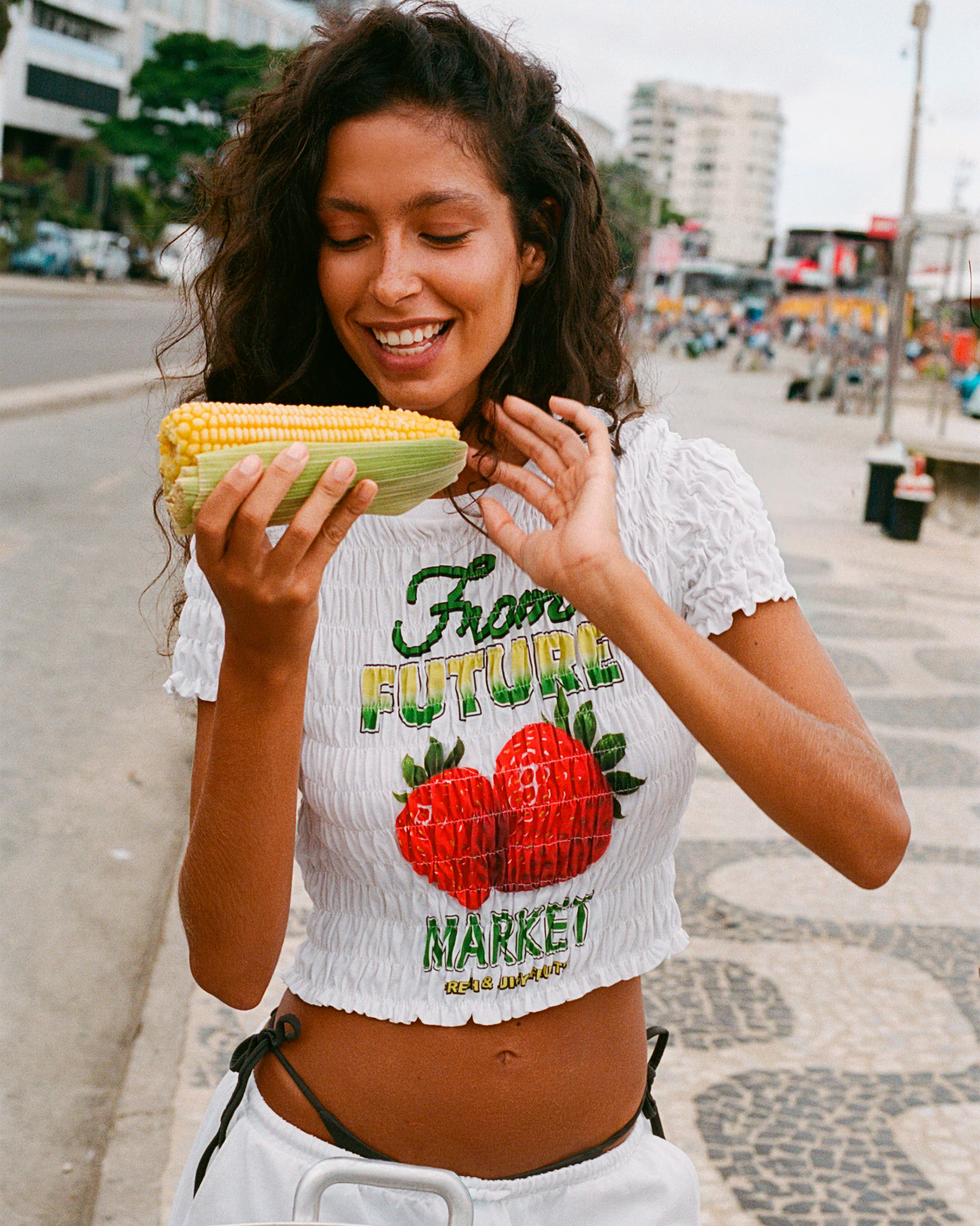 Printed Smocked Crop T-shirt (S26 / FEMME / Blanc) - Image 5
