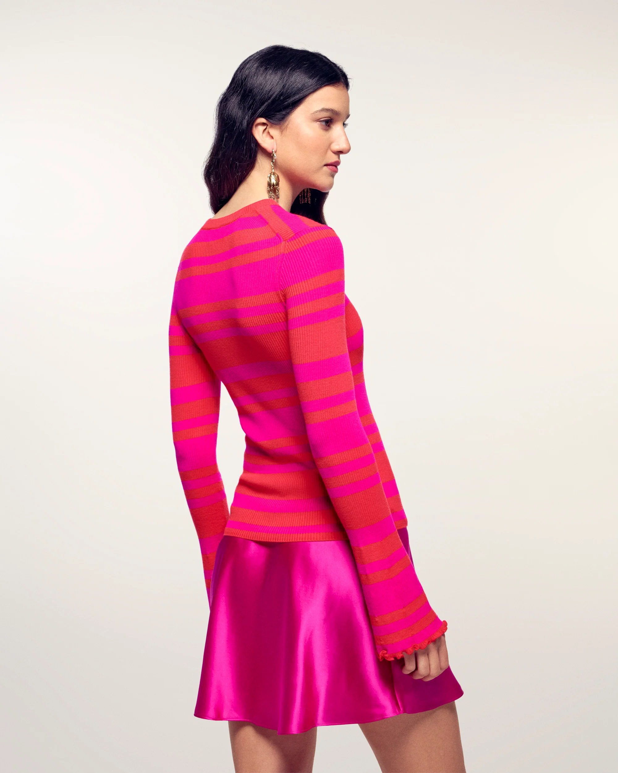 Two-Tone Striped Top with Flared Sleeves (S26 / FEMME / Love Coral / RWS) - Image 3